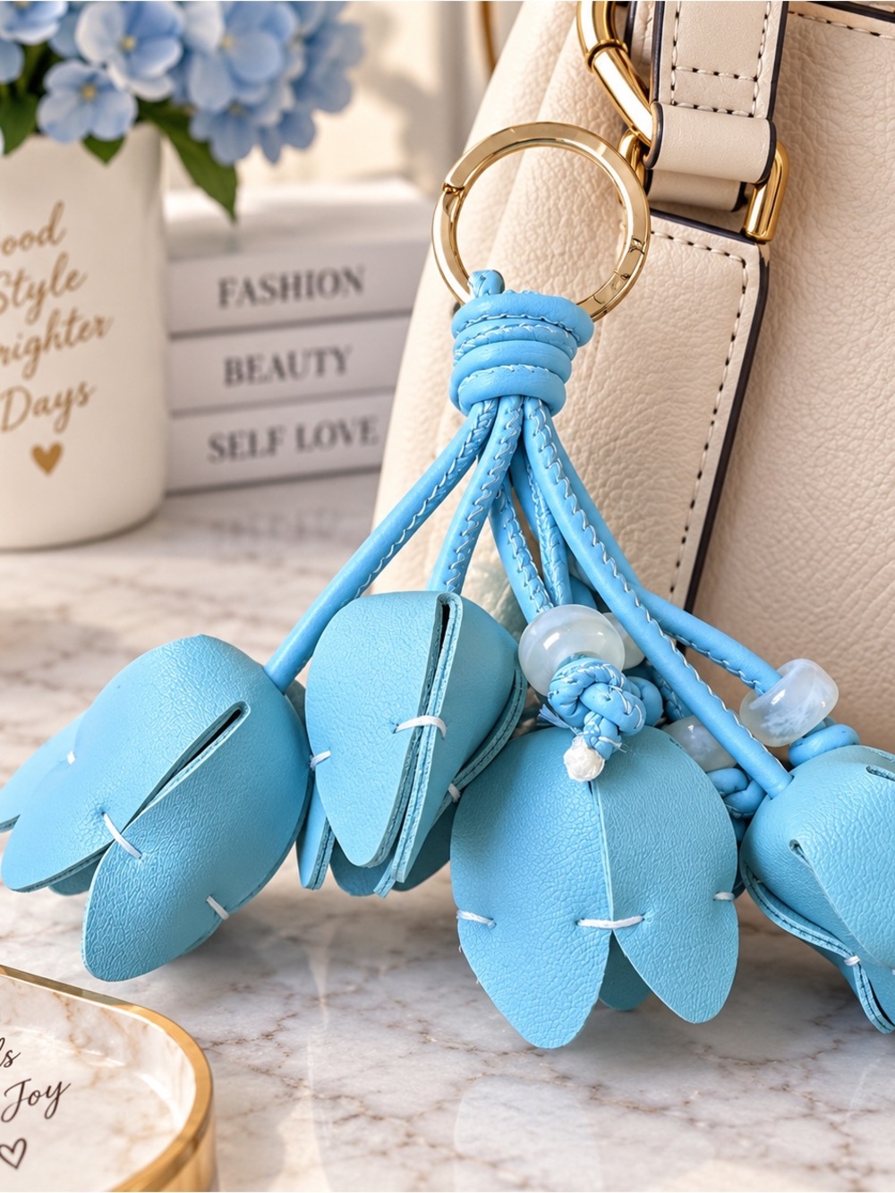 Sky Blue Floral Bag Charm Keychain – Flower Tassel Purse Accessory